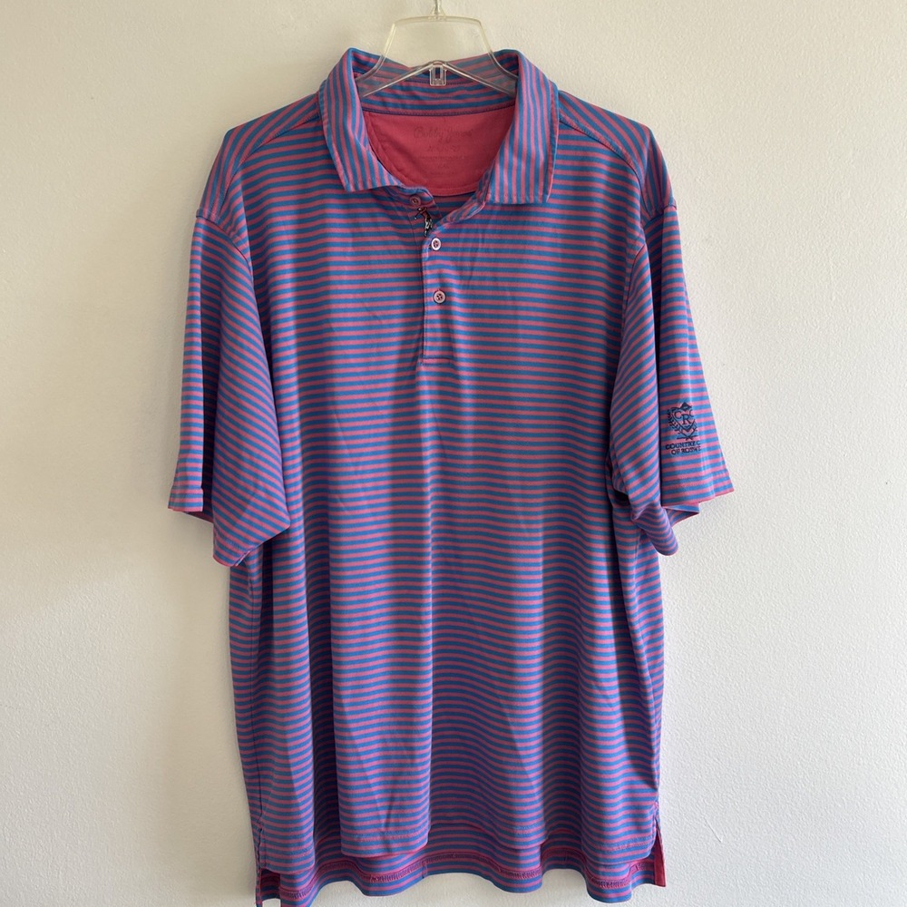 Bobby Jones Players Polo Shirt Mens 2XL Pink Blue Striped CC of ROSWELL Golf